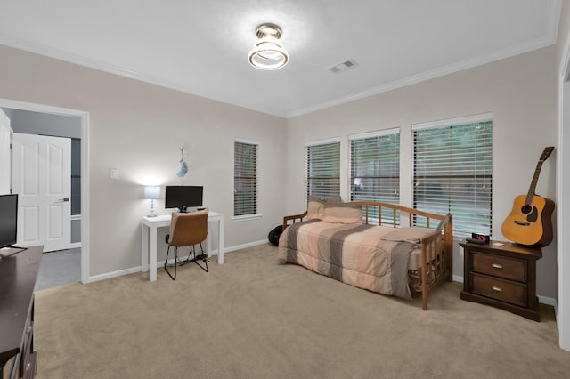 11304 Monarchs Way, Montgomery, TX 77316 - bedroom featuring ornamental molding, light colored carpet, and a desk