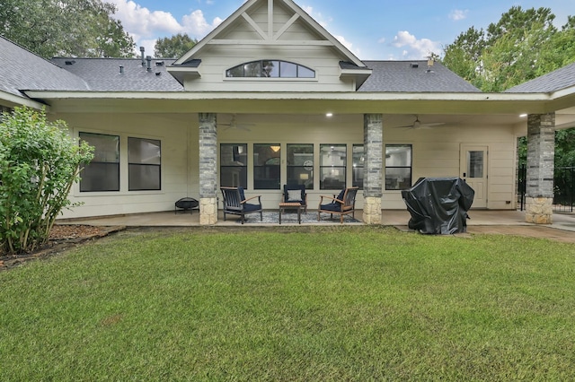 11304 Monarchs Way, Montgomery, TX 77316 - back of house with ceiling fan, a patio, a yard, and a shingled roof