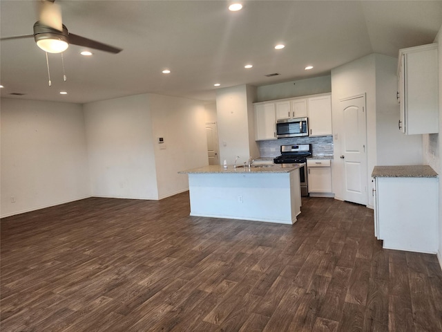 20390 Tembec Dr, New Caney, TX 77357 - kitchen with stainless steel appliances, dark wood-style flooring, a ceiling fan, recessed lighting, and a center island with sink