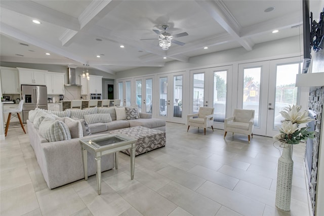 4821 1st St, Houston, TX 77504 - living room with french doors, healthy amount of natural light, beamed ceiling, ceiling fan, and coffered ceiling