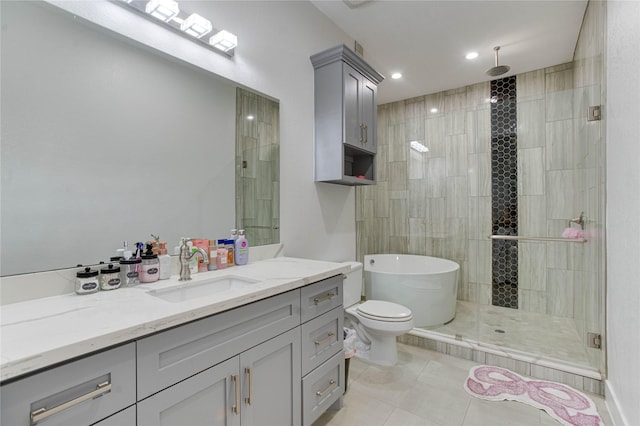 4821 1st St, Houston, TX 77504 - bathroom with a shower stall, vanity, tile patterned floors, a freestanding bath, and recessed lighting