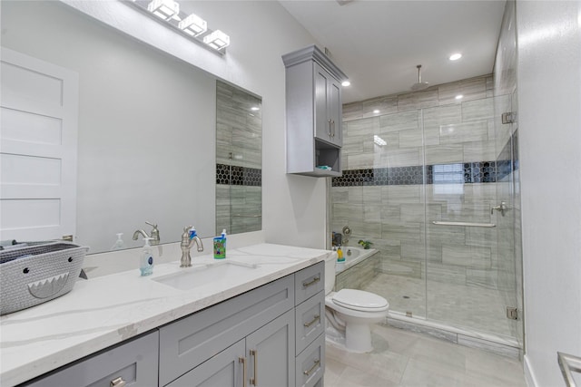 4821 1st St, Houston, TX 77504 - bathroom featuring vanity, a shower stall, tile patterned floors, and recessed lighting