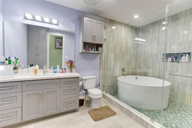 4821 1st St, Houston, TX 77504 - bathroom with vanity, a freestanding bath, a tile shower, and tile patterned flooring