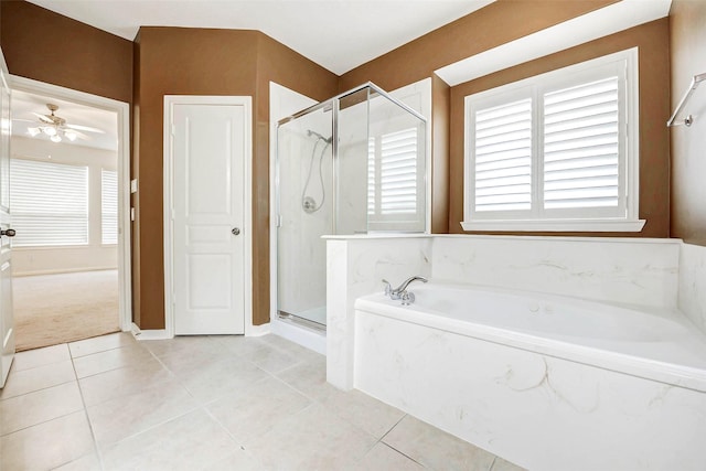 13212 Lismore Pt, Cypress, TX 77429 - bathroom with a bath, a stall shower, ceiling fan, and tile patterned flooring