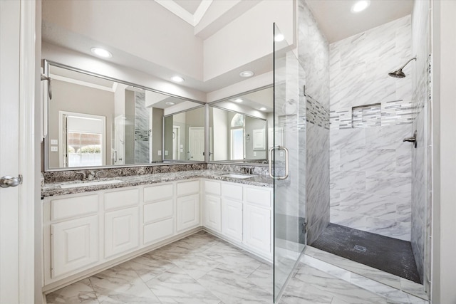 15814 Hillside Falls Trl, Houston, TX 77062 - full bathroom featuring marble finish floors, a shower stall, double vanity, and recessed lighting