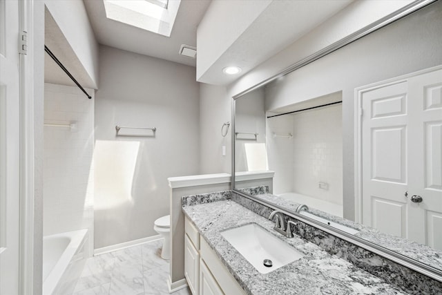 15814 Hillside Falls Trl, Houston, TX 77062 - bathroom with a skylight, vanity, tub / shower combination, marble finish flooring, and recessed lighting