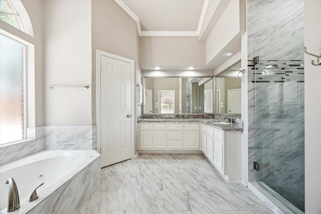 15814 Hillside Falls Trl, Houston, TX 77062 - full bathroom with a stall shower, a tub with jets, double vanity, ornamental molding, and marble look tile flooring