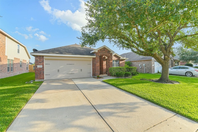 11410 Sandstone Canyon Dr, Humble, TX 77396 - view of front facade with brick siding, a garage, a front yard, and concrete driveway
