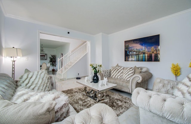 7826 Granite Ridge Ln, Houston, TX 77095 - living area featuring stairs, marble finish floors, and ornamental molding