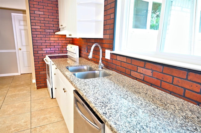 7354 Stone Pine Ln, Houston, TX 77041 - kitchen featuring white range with electric cooktop, dishwasher, open shelves, white cabinetry, and light tile patterned flooring