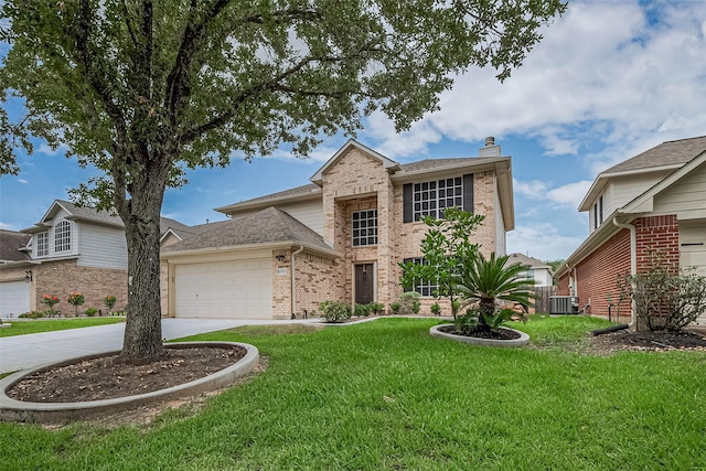 13703 Broad Oaks Ln, Rosharon, TX 77583 - traditional-style house featuring brick siding, a garage, a front yard, a chimney, and concrete driveway