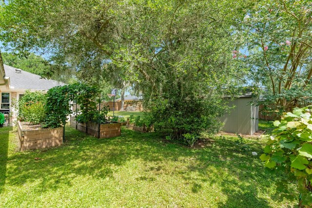105 Pleasant Valley Dr, West Columbia, TX 77486 - view of grassy yard with a vegetable garden and a storage unit