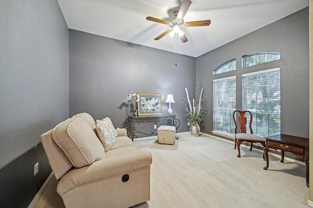 7110 Timber Post Ln, Humble, TX 77346 - living area featuring ceiling fan, carpet flooring, and a textured wall