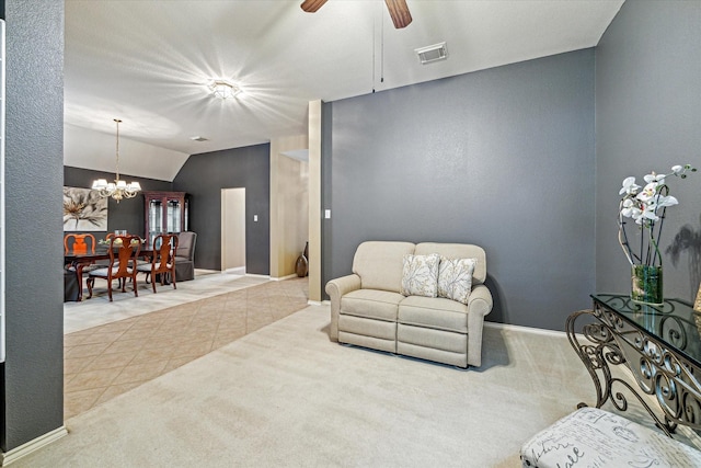 7110 Timber Post Ln, Humble, TX 77346 - sitting room with a chandelier, lofted ceiling, carpet, and ceiling fan