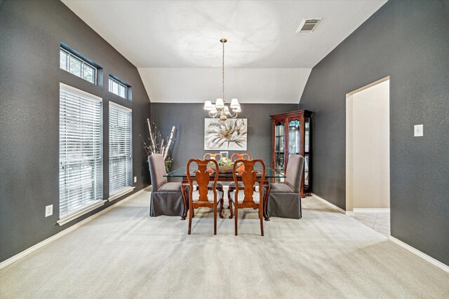 7110 Timber Post Ln, Humble, TX 77346 - dining area featuring a chandelier, carpet, and lofted ceiling