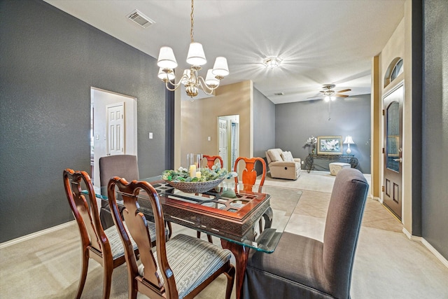 7110 Timber Post Ln, Humble, TX 77346 - dining area featuring a chandelier, light carpet, ceiling fan, and a textured wall