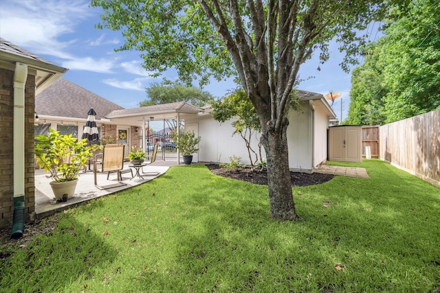 7110 Timber Post Ln, Humble, TX 77346 - fenced backyard featuring a storage shed and a patio