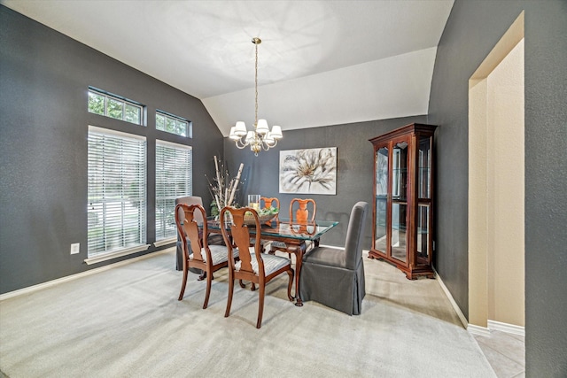 7110 Timber Post Ln, Humble, TX 77346 - dining space featuring a chandelier, carpet floors, and vaulted ceiling
