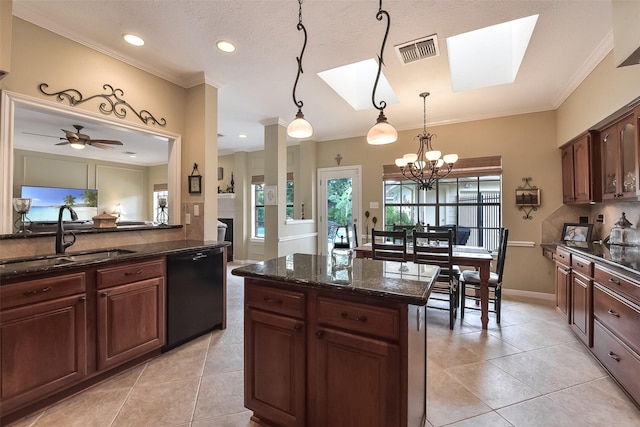 16219 Rainbow Lake Rd, Houston, TX 77095 - kitchen with black dishwasher, light tile patterned flooring, crown molding, hanging light fixtures, and tasteful backsplash