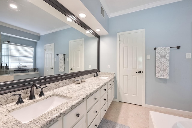 16219 Rainbow Lake Rd, Houston, TX 77095 - full bath with crown molding, double vanity, tile patterned floors, and a bath
