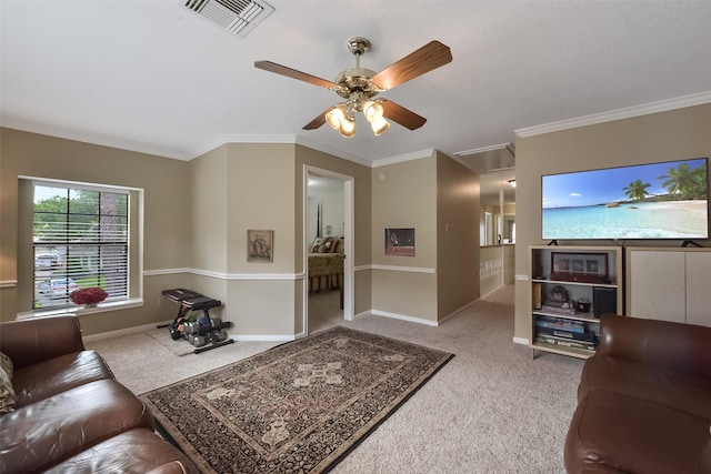 16219 Rainbow Lake Rd, Houston, TX 77095 - living room featuring attic access, carpet floors, ceiling fan, and ornamental molding