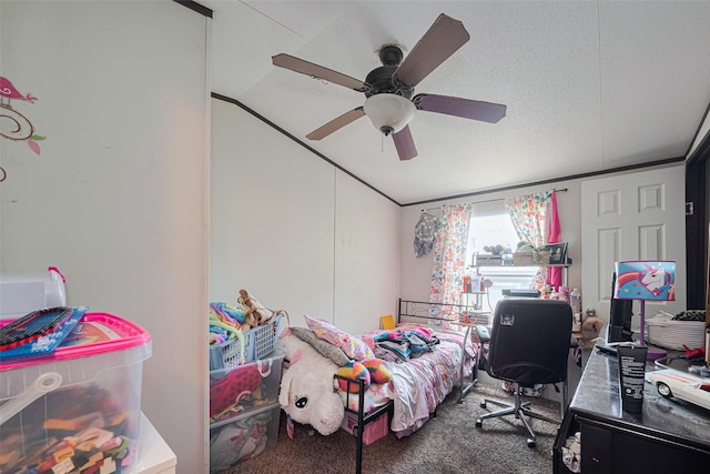 232 3rd St, Dickinson, TX 77539 - bedroom with carpet floors, vaulted ceiling, an office area, and a ceiling fan