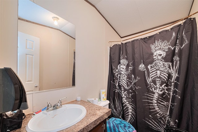 232 3rd St, Dickinson, TX 77539 - bathroom with vanity, lofted ceiling, and curtained shower