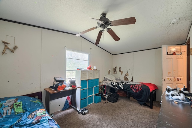 232 3rd St, Dickinson, TX 77539 - bedroom with vaulted ceiling, carpet, a textured ceiling, and a ceiling fan
