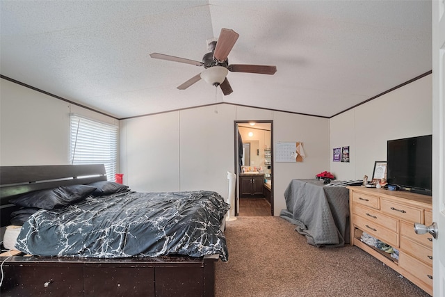 232 3rd St, Dickinson, TX 77539 - carpeted bedroom with lofted ceiling, crown molding, a textured ceiling, ensuite bathroom, and ceiling fan