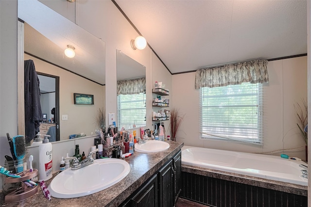 232 3rd St, Dickinson, TX 77539 - full bath featuring double vanity, a garden tub, and ornamental molding