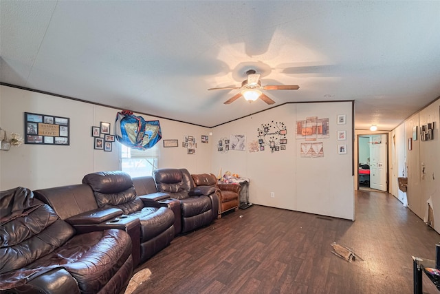 232 3rd St, Dickinson, TX 77539 - living area with dark wood-style floors, ceiling fan, and lofted ceiling