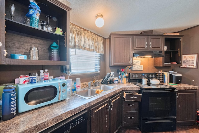 232 3rd St, Dickinson, TX 77539 - kitchen with black appliances, open shelves, under cabinet range hood, a textured ceiling, and wood finished floors