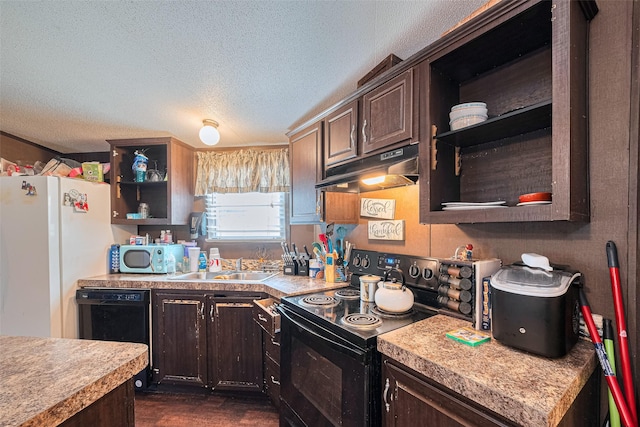 232 3rd St, Dickinson, TX 77539 - kitchen with black appliances, under cabinet range hood, open shelves, a textured ceiling, and dark brown cabinetry