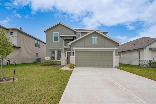 10023 Rose Mallow Ln, Magnolia, TX 77354 - view of front of home with driveway, a front yard, an attached garage, and stone siding