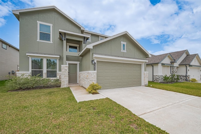 10023 Rose Mallow Ln, Magnolia, TX 77354 - view of front facade featuring concrete driveway, stone siding, a garage, and a front lawn
