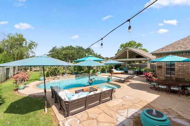 32226 Waterford Crest Ln, Fulshear, TX 77441 - view of pool with an outdoor living space, a fenced backyard, a patio, and a gazebo