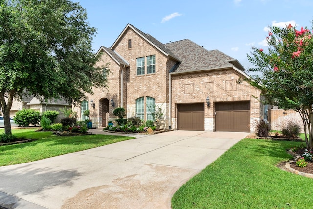32226 Waterford Crest Ln, Fulshear, TX 77441 - view of front facade featuring brick siding, concrete driveway, a garage, a front yard, and a shingled roof