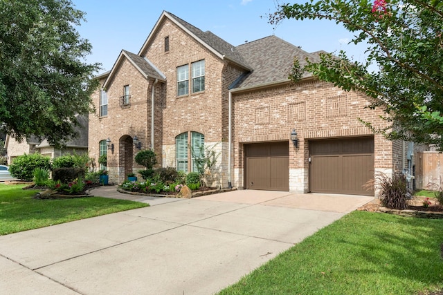 32226 Waterford Crest Ln, Fulshear, TX 77441 - view of front of property with driveway, brick siding, a front yard, and roof with shingles
