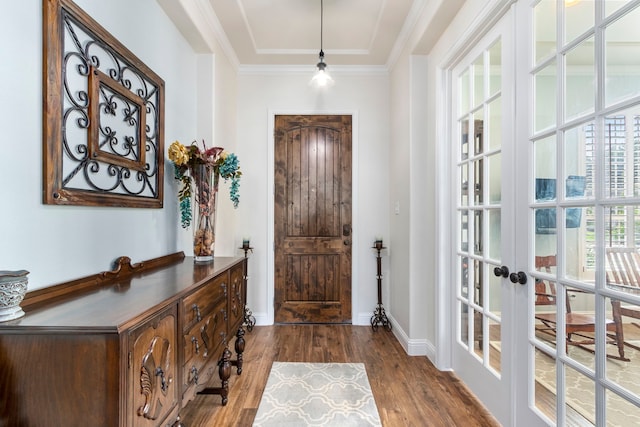 32226 Waterford Crest Ln, Fulshear, TX 77441 - foyer featuring dark wood-type flooring, french doors, and crown molding
