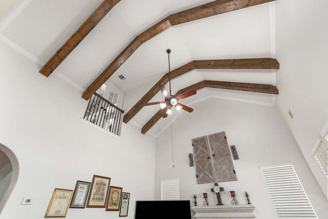 32226 Waterford Crest Ln, Fulshear, TX 77441 - detailed view of beam ceiling and a ceiling fan