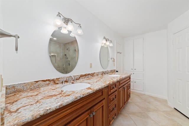 18307 Cransley Dr, Houston, TX 77084 - full bathroom featuring a shower stall, double vanity, and tile patterned flooring