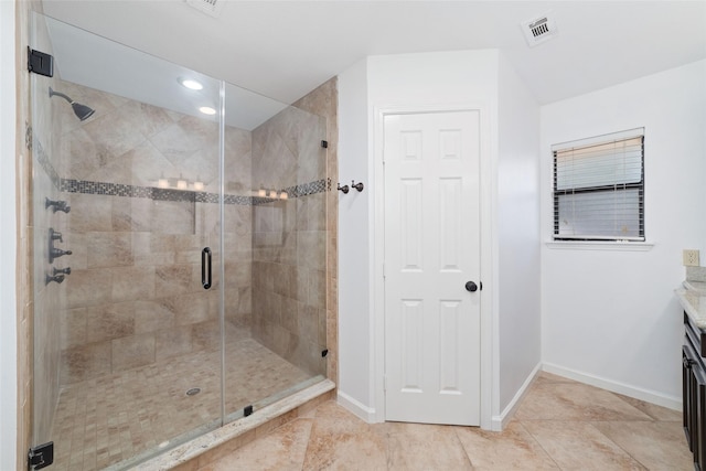 18307 Cransley Dr, Houston, TX 77084 - full bathroom featuring a stall shower, vanity, recessed lighting, and tile patterned floors