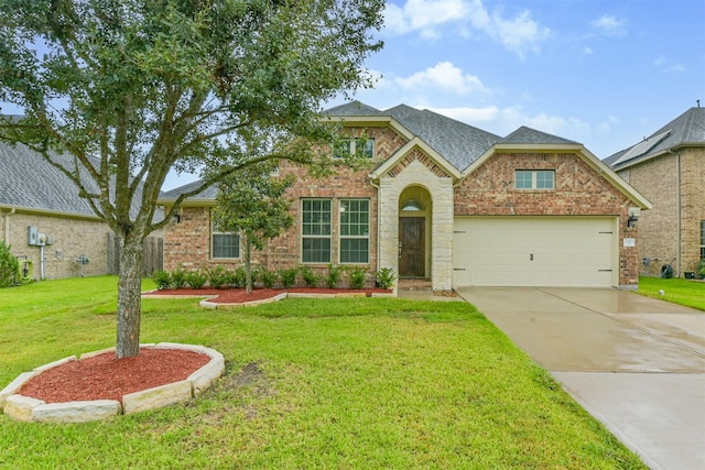 2012 Post Oak Ct, Pearland, TX 77581 - traditional-style home featuring driveway, brick siding, a front lawn, a garage, and roof with shingles