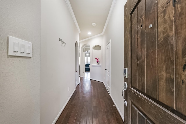 2012 Post Oak Ct, Pearland, TX 77581 - corridor featuring ornamental molding, arched walkways, and dark wood finished floors