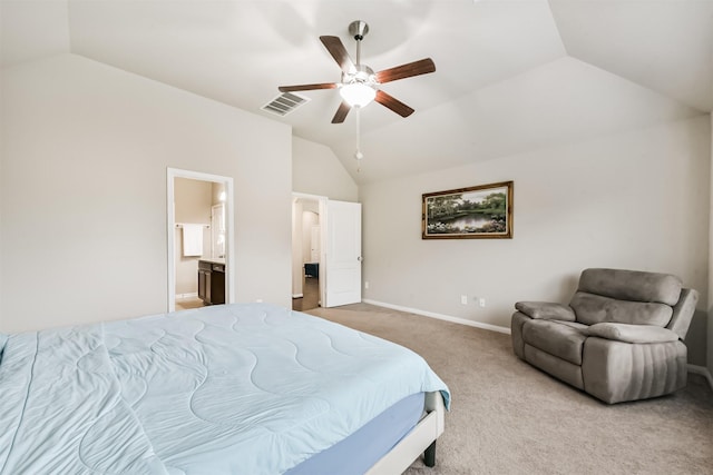 2012 Post Oak Ct, Pearland, TX 77581 - bedroom featuring vaulted ceiling, carpet, ceiling fan, and ensuite bathroom