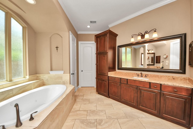 102 Stonecrop Pl, Montgomery, TX 77316 - bathroom with plenty of natural light, a whirlpool tub, vanity, crown molding, and recessed lighting