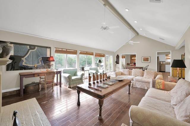 2117 Nantucket Dr, Houston, TX 77057 - living room featuring a ceiling fan, high vaulted ceiling, wood finished floors, and beam ceiling