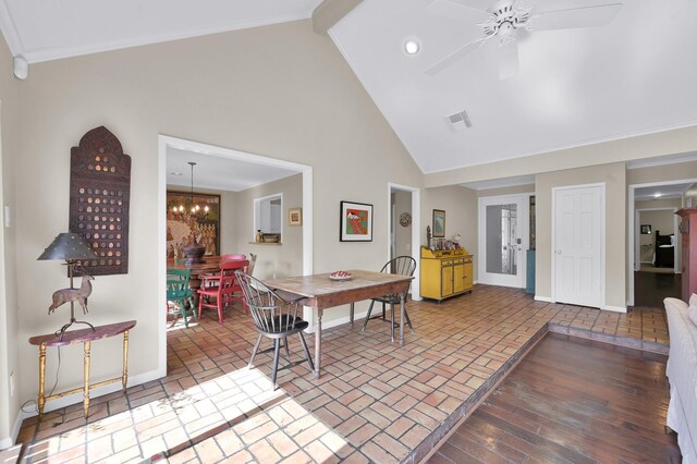 2117 Nantucket Dr, Houston, TX 77057 - dining room featuring high vaulted ceiling, a ceiling fan, brick patterned floors, a chandelier, and recessed lighting