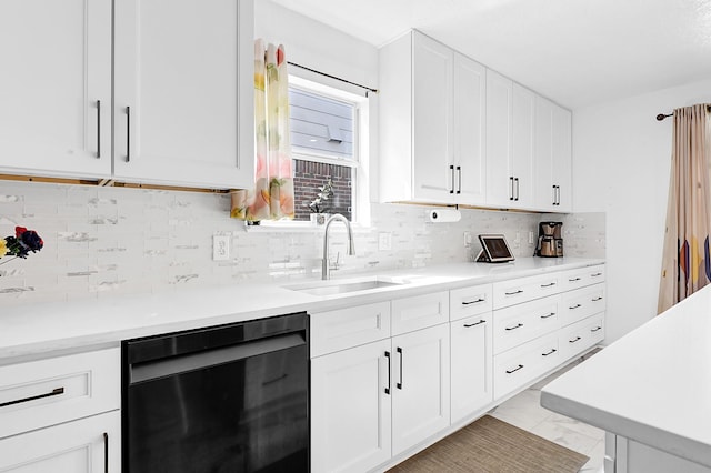 29207 Legends Hill Dr, Spring, TX 77386 - kitchen featuring dishwasher, light marble finish floors, light countertops, white cabinets, and backsplash