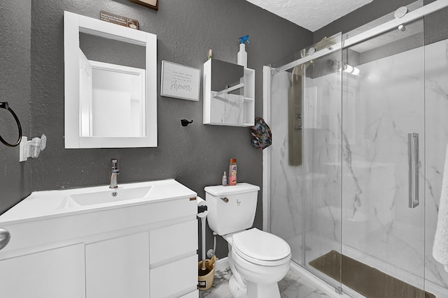 29207 Legends Hill Dr, Spring, TX 77386 - full bath with marble finish floors, a textured wall, a marble finish shower, and vanity